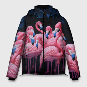 Мужская зимняя куртка 3D с принтом Стая розовых фламинго в темноте в Екатеринбурге, верх — 100% полиэстер; подкладка — 100% полиэстер; утеплитель — 100% полиэстер | длина ниже бедра, свободный силуэт Оверсайз. Есть воротник-стойка, отстегивающийся капюшон и ветрозащитная планка. 

Боковые карманы с листочкой на кнопках и внутренний карман на молнии. | 