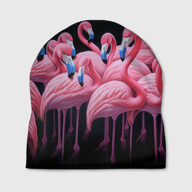 Шапка 3D с принтом Стая розовых фламинго в темноте в Екатеринбурге, 100% полиэстер | универсальный размер, печать по всей поверхности изделия | 