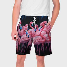 Мужские шорты 3D с принтом Стая розовых фламинго в темноте в Екатеринбурге,  полиэстер 100% | прямой крой, два кармана без застежек по бокам. Мягкая трикотажная резинка на поясе, внутри которой широкие завязки. Длина чуть выше колен | 