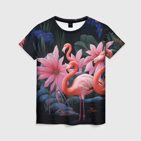 Женская футболка 3D с принтом Сюрреалистичная композиция с фламинго в Рязани, 100% полиэфир ( синтетическое хлопкоподобное полотно) | прямой крой, круглый вырез горловины, длина до линии бедер | 