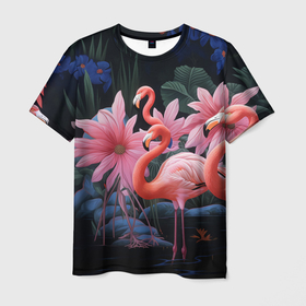Мужская футболка 3D с принтом Сюрреалистичная композиция с фламинго , 100% полиэфир | прямой крой, круглый вырез горловины, длина до линии бедер | 