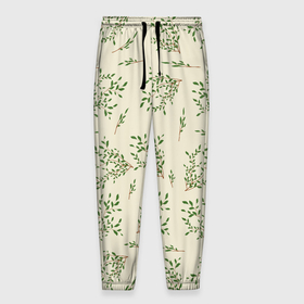 Мужские брюки 3D с принтом Веточки с зелеными листьями , 100% полиэстер | манжеты по низу, эластичный пояс регулируется шнурком, по бокам два кармана без застежек, внутренняя часть кармана из мелкой сетки | 