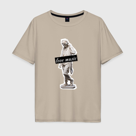 Мужская футболка хлопок Oversize с принтом Гипсовый памятник мужчина в наушниках в Кировске, 100% хлопок | свободный крой, круглый ворот, “спинка” длиннее передней части | 