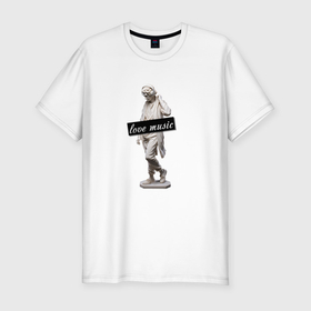 Мужская футболка хлопок Slim с принтом Гипсовый памятник мужчина в наушниках в Белгороде, 92% хлопок, 8% лайкра | приталенный силуэт, круглый вырез ворота, длина до линии бедра, короткий рукав | 