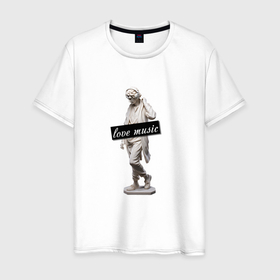 Мужская футболка хлопок с принтом Гипсовый памятник мужчина в наушниках в Кировске, 100% хлопок | прямой крой, круглый вырез горловины, длина до линии бедер, слегка спущенное плечо. | 