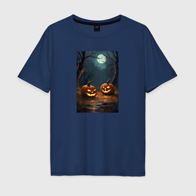 Мужская футболка хлопок Oversize с принтом Две жуткие тыквы ждут Хэллоуина в Белгороде, 100% хлопок | свободный крой, круглый ворот, “спинка” длиннее передней части | 