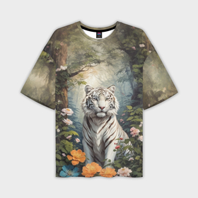 Мужская футболка oversize 3D с принтом Белый тигр в лесу в Курске,  |  | 