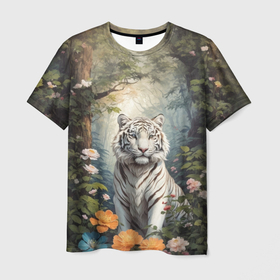 Мужская футболка 3D с принтом Белый тигр в лесу в Санкт-Петербурге, 100% полиэфир | прямой крой, круглый вырез горловины, длина до линии бедер | Тематика изображения на принте: 
