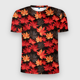 Мужская футболка 3D Slim с принтом Кленовые листья на темном фоне в Кировске, 100% полиэстер с улучшенными характеристиками | приталенный силуэт, круглая горловина, широкие плечи, сужается к линии бедра | 