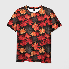 Мужская футболка 3D с принтом Кленовые листья на темном фоне в Белгороде, 100% полиэфир | прямой крой, круглый вырез горловины, длина до линии бедер | 