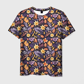 Мужская футболка 3D с принтом Паттерн из листочков и цветочков , 100% полиэфир | прямой крой, круглый вырез горловины, длина до линии бедер | 