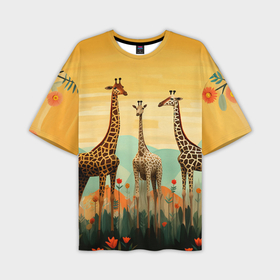Мужская футболка oversize 3D с принтом Три жирафа в стиле фолк арт в Новосибирске,  |  | 