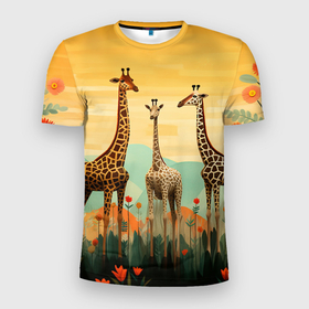 Мужская футболка 3D Slim с принтом Три жирафа в стиле фолк арт в Новосибирске, 100% полиэстер с улучшенными характеристиками | приталенный силуэт, круглая горловина, широкие плечи, сужается к линии бедра | 