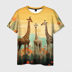 Мужская футболка 3D с принтом Три жирафа в стиле фолк арт в Новосибирске, 100% полиэфир | прямой крой, круглый вырез горловины, длина до линии бедер | 