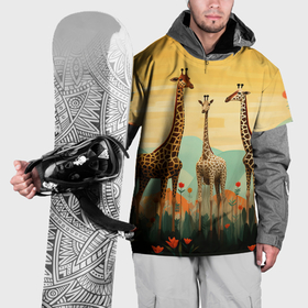 Накидка на куртку 3D с принтом Три жирафа в стиле фолк арт в Новосибирске, 100% полиэстер |  | 