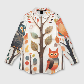 Мужская рубашка oversize 3D с принтом Совы в осеннем лесу в стиле фолк арт ,  |  | 