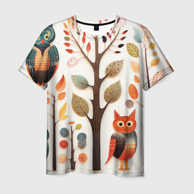Мужская футболка 3D с принтом Совы в осеннем лесу в стиле фолк арт , 100% полиэфир | прямой крой, круглый вырез горловины, длина до линии бедер | 