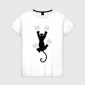 Женская футболка хлопок с принтом Чёрный котик скользит в Белгороде, 100% хлопок | прямой крой, круглый вырез горловины, длина до линии бедер, слегка спущенное плечо | Тематика изображения на принте: 