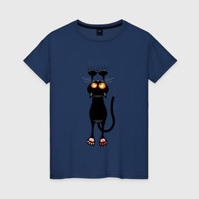 Женская футболка хлопок с принтом Чёрный кот свисает в Петрозаводске, 100% хлопок | прямой крой, круглый вырез горловины, длина до линии бедер, слегка спущенное плечо | Тематика изображения на принте: 