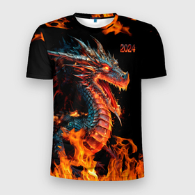 Мужская футболка 3D Slim с принтом Огненный дракон 2024 в Новосибирске, 100% полиэстер с улучшенными характеристиками | приталенный силуэт, круглая горловина, широкие плечи, сужается к линии бедра | 