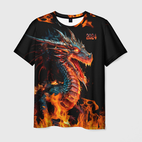Мужская футболка 3D с принтом Огненный дракон 2024 в Новосибирске, 100% полиэфир | прямой крой, круглый вырез горловины, длина до линии бедер | Тематика изображения на принте: 