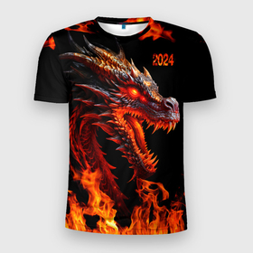 Мужская футболка 3D Slim с принтом Огненный дракон 2024 год в Новосибирске, 100% полиэстер с улучшенными характеристиками | приталенный силуэт, круглая горловина, широкие плечи, сужается к линии бедра | 