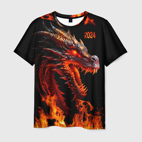 Мужская футболка 3D с принтом Огненный дракон 2024 год , 100% полиэфир | прямой крой, круглый вырез горловины, длина до линии бедер | 