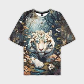 Мужская футболка oversize 3D с принтом Крадущийся белый тигр в Новосибирске,  |  | Тематика изображения на принте: 
