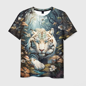 Мужская футболка 3D с принтом Крадущийся белый тигр в Новосибирске, 100% полиэфир | прямой крой, круглый вырез горловины, длина до линии бедер | Тематика изображения на принте: 