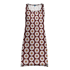Платье-майка 3D с принтом Белые ромашки на бордовом в Тюмени, 100% полиэстер | полуприлегающий силуэт, широкие бретели, круглый вырез горловины, удлиненный подол сзади. | 