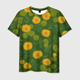 Мужская футболка 3D с принтом Жёлтые одуванчики на зелёном фоне в Екатеринбурге, 100% полиэфир | прямой крой, круглый вырез горловины, длина до линии бедер | 