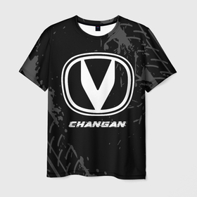 Мужская футболка 3D с принтом Changan speed на темном фоне со следами шин в Курске, 100% полиэфир | прямой крой, круглый вырез горловины, длина до линии бедер | 