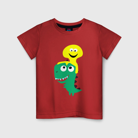 Детская футболка хлопок с принтом Детский динозавр со смайликом на голове , 100% хлопок | круглый вырез горловины, полуприлегающий силуэт, длина до линии бедер | 