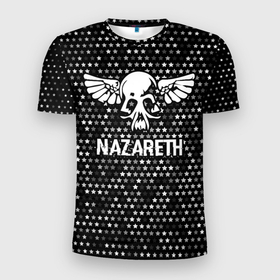 Мужская футболка 3D Slim с принтом Nazareth glitch на темном фоне , 100% полиэстер с улучшенными характеристиками | приталенный силуэт, круглая горловина, широкие плечи, сужается к линии бедра | 