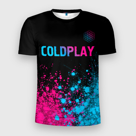 Мужская футболка 3D Slim с принтом Coldplay   neon gradient: символ сверху в Екатеринбурге, 100% полиэстер с улучшенными характеристиками | приталенный силуэт, круглая горловина, широкие плечи, сужается к линии бедра | Тематика изображения на принте: 