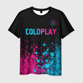 Мужская футболка 3D с принтом Coldplay   neon gradient: символ сверху в Тюмени, 100% полиэфир | прямой крой, круглый вырез горловины, длина до линии бедер | Тематика изображения на принте: 