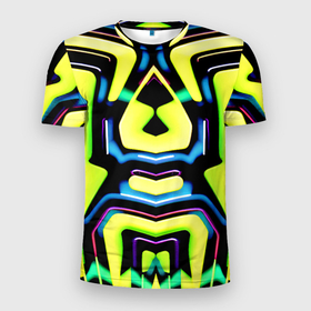 Мужская футболка 3D Slim с принтом Mirror abstract composition   неон в Екатеринбурге, 100% полиэстер с улучшенными характеристиками | приталенный силуэт, круглая горловина, широкие плечи, сужается к линии бедра | 