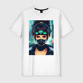 Мужская футболка хлопок Slim с принтом Cool girl   cyberpunk   neural network в Тюмени, 92% хлопок, 8% лайкра | приталенный силуэт, круглый вырез ворота, длина до линии бедра, короткий рукав | Тематика изображения на принте: 
