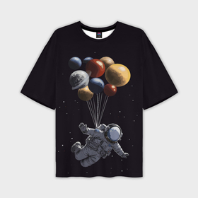Мужская футболка oversize 3D с принтом Космонавт с шариками в космосе в Курске,  |  | Тематика изображения на принте: 