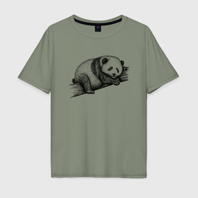 Мужская футболка хлопок Oversize с принтом Панда лежит на дереве в Санкт-Петербурге, 100% хлопок | свободный крой, круглый ворот, “спинка” длиннее передней части | Тематика изображения на принте: 