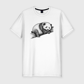 Мужская футболка хлопок Slim с принтом Панда лежит на дереве в Санкт-Петербурге, 92% хлопок, 8% лайкра | приталенный силуэт, круглый вырез ворота, длина до линии бедра, короткий рукав | Тематика изображения на принте: 