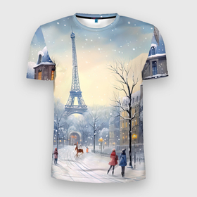 Мужская футболка 3D Slim с принтом Новогодний Париж в Санкт-Петербурге, 100% полиэстер с улучшенными характеристиками | приталенный силуэт, круглая горловина, широкие плечи, сужается к линии бедра | 