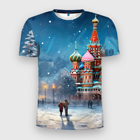 Мужская футболка 3D Slim с принтом Новогодняя  Москва в Кировске, 100% полиэстер с улучшенными характеристиками | приталенный силуэт, круглая горловина, широкие плечи, сужается к линии бедра | 