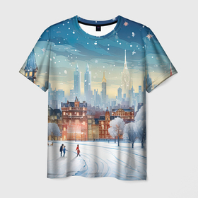 Мужская футболка 3D с принтом Новогодний   городок , 100% полиэфир | прямой крой, круглый вырез горловины, длина до линии бедер | 