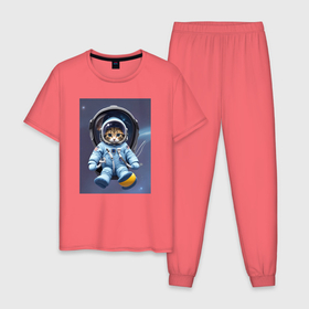 Мужская пижама хлопок с принтом Котенок отправляется в космос в Курске, 100% хлопок | брюки и футболка прямого кроя, без карманов, на брюках мягкая резинка на поясе и по низу штанин
 | Тематика изображения на принте: 