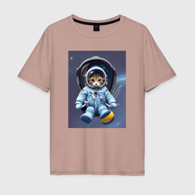 Мужская футболка хлопок Oversize с принтом Котенок отправляется в космос в Курске, 100% хлопок | свободный крой, круглый ворот, “спинка” длиннее передней части | Тематика изображения на принте: 
