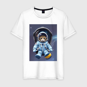 Мужская футболка хлопок с принтом Котенок отправляется в космос в Петрозаводске, 100% хлопок | прямой крой, круглый вырез горловины, длина до линии бедер, слегка спущенное плечо. | 