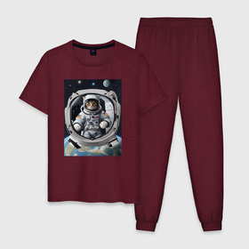 Мужская пижама хлопок с принтом Котик улетел в космос в Санкт-Петербурге, 100% хлопок | брюки и футболка прямого кроя, без карманов, на брюках мягкая резинка на поясе и по низу штанин
 | 