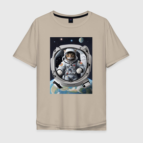 Мужская футболка хлопок Oversize с принтом Котик улетел в космос в Тюмени, 100% хлопок | свободный крой, круглый ворот, “спинка” длиннее передней части | 