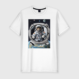 Мужская футболка хлопок Slim с принтом Котик улетел в космос в Санкт-Петербурге, 92% хлопок, 8% лайкра | приталенный силуэт, круглый вырез ворота, длина до линии бедра, короткий рукав | 